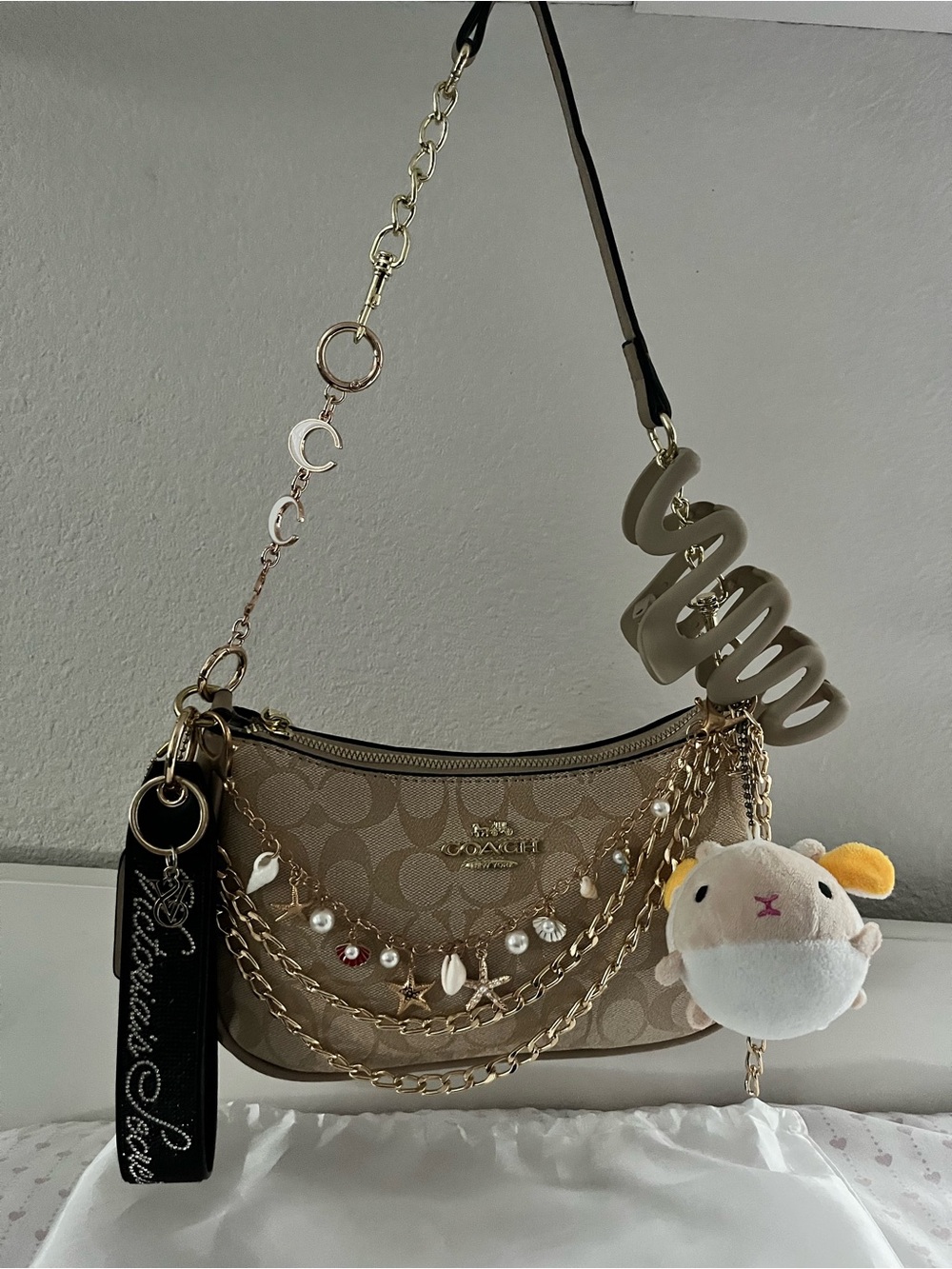 Coach Tan Signature Pattern Mini Shoulder Bag with Gold Hardware